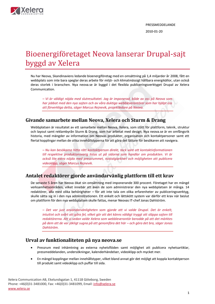 Bioenergiföretaget Neova lanserar Drupal-sajt byggd av Xelera