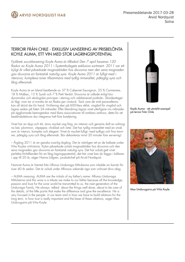 Terroir från Chile - exklusiv lansering av prisbelönta Koyle Auma, ett vin med stor lagringspotential