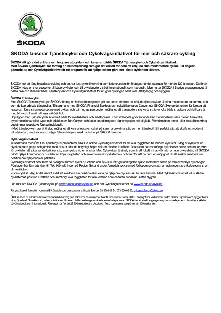 ŠKODA lanserar Tjänstecykel och Cykelvägsinitiativet för mer och säkrare cykling