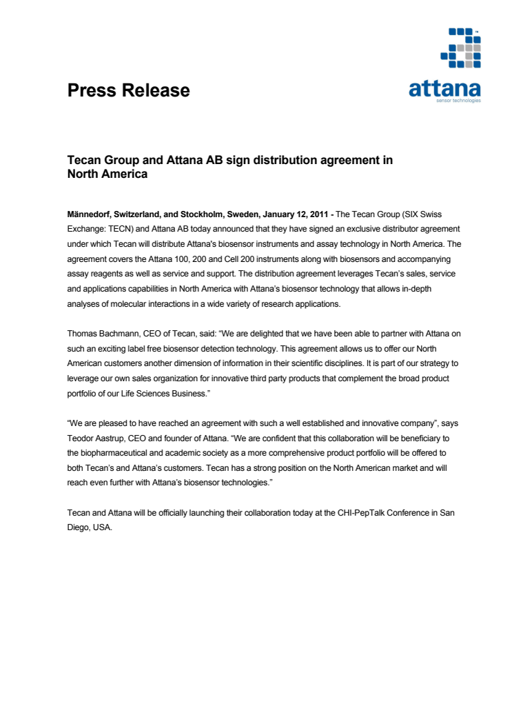 Tecan Group and Attana AB sign distribution agreement in North America