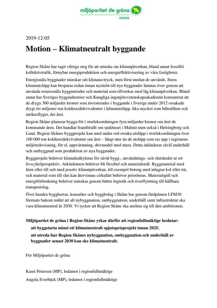 Motion: Klimatneutralt byggande i Region Skåne