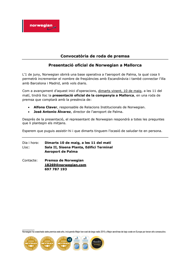 Descarrega convocatòria: aeroport de Palma (dimarts 10 de maig, 11 del matí).