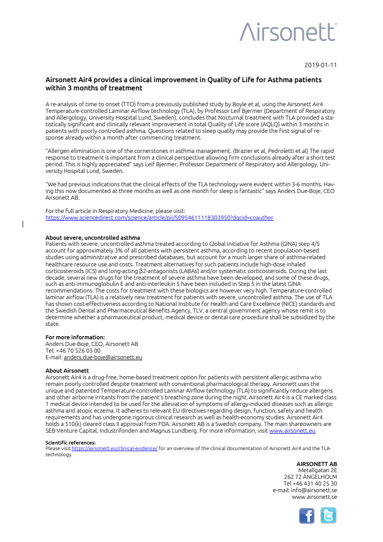 Airsonett Air4 provides a clinical improvement in Quality of Life for asthma patients within 3 months of treatment