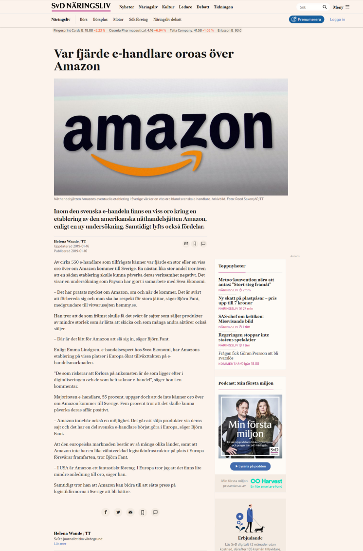 Var fjärde e-handlare oroas över Amazon