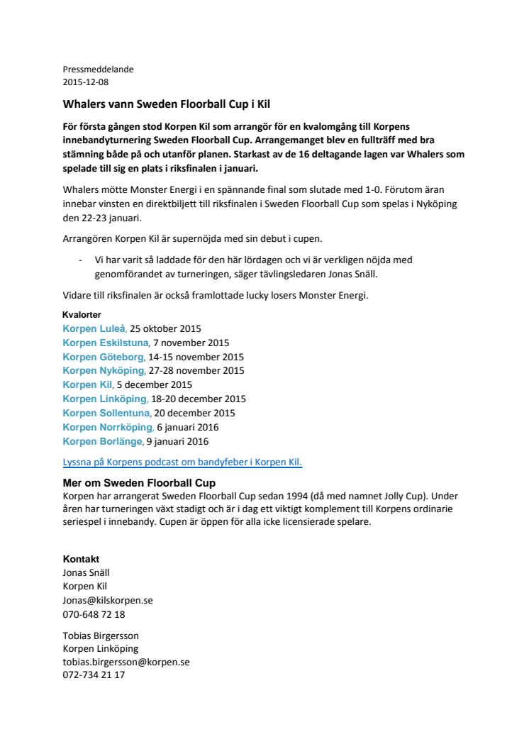 Whalers vann Sweden Floorball Cup i Kil   