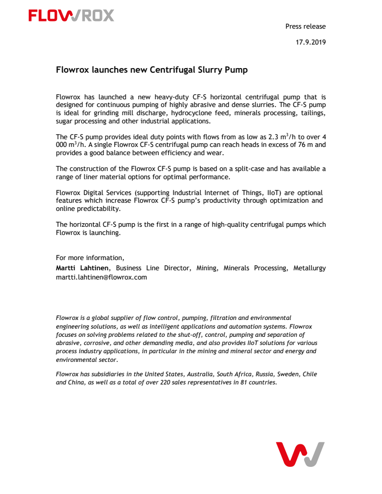 Flowrox Launches New Centrifugal Slurry Pump 
