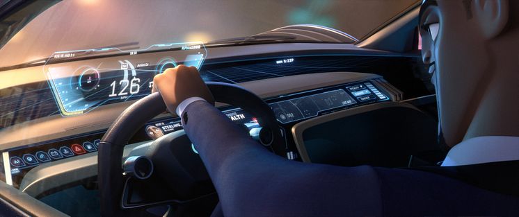 Audi RSQ e-tron cockpit (spionbil til animationsfilmen Spies in Disguise) med hovedperson Lance Sterling