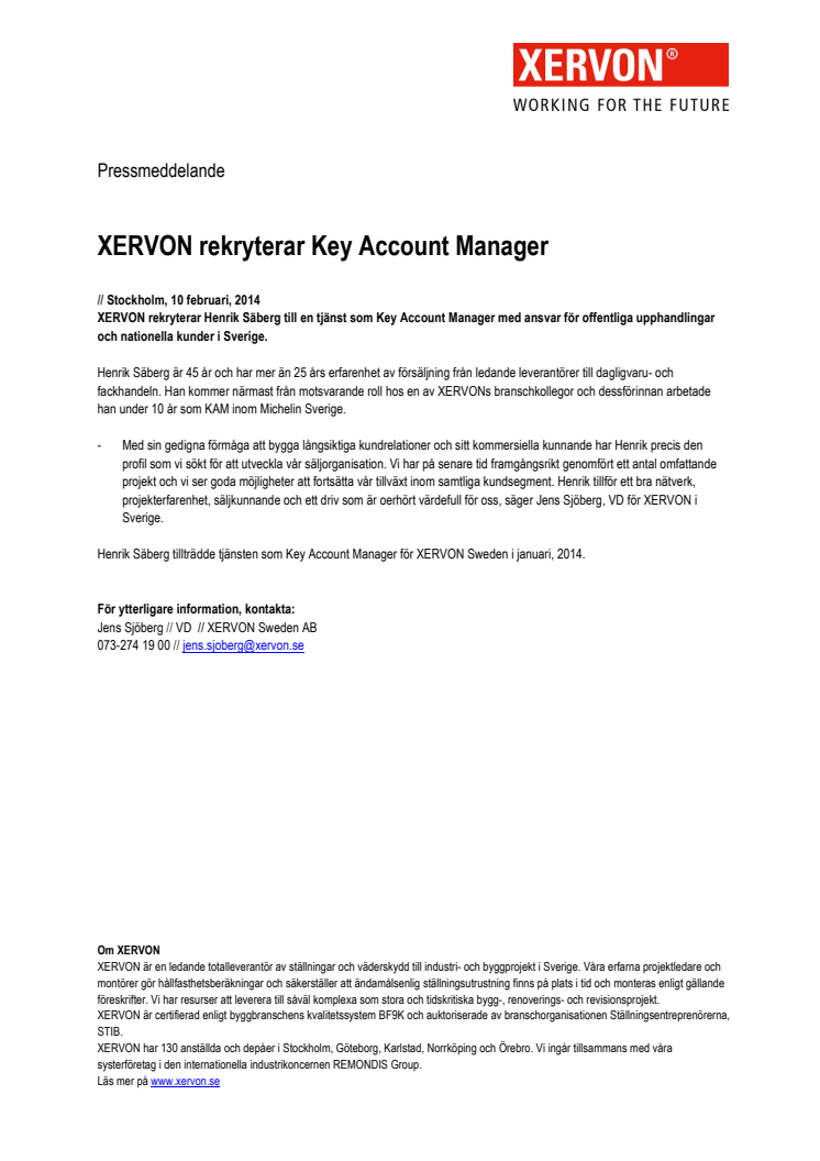 XERVON rekryterar Key Account Manager