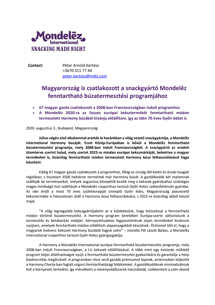 Magyarország is csatlakozott a snackgyártó Mondelēz fenntartható búzatermesztési programjához
