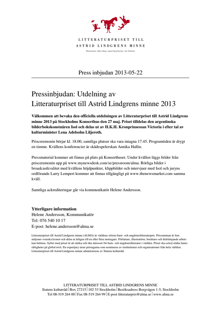 Press invitation: Award Ceremony for the 2013 Astrid Lindgren Memorial Award 