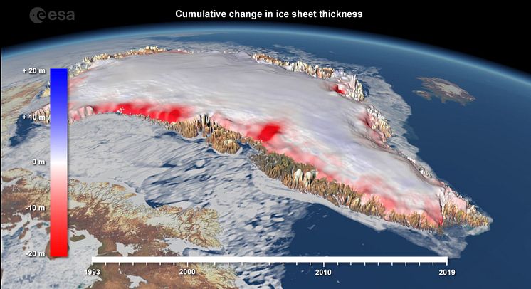 Cumulative change in ice sheet thickness in Greenland