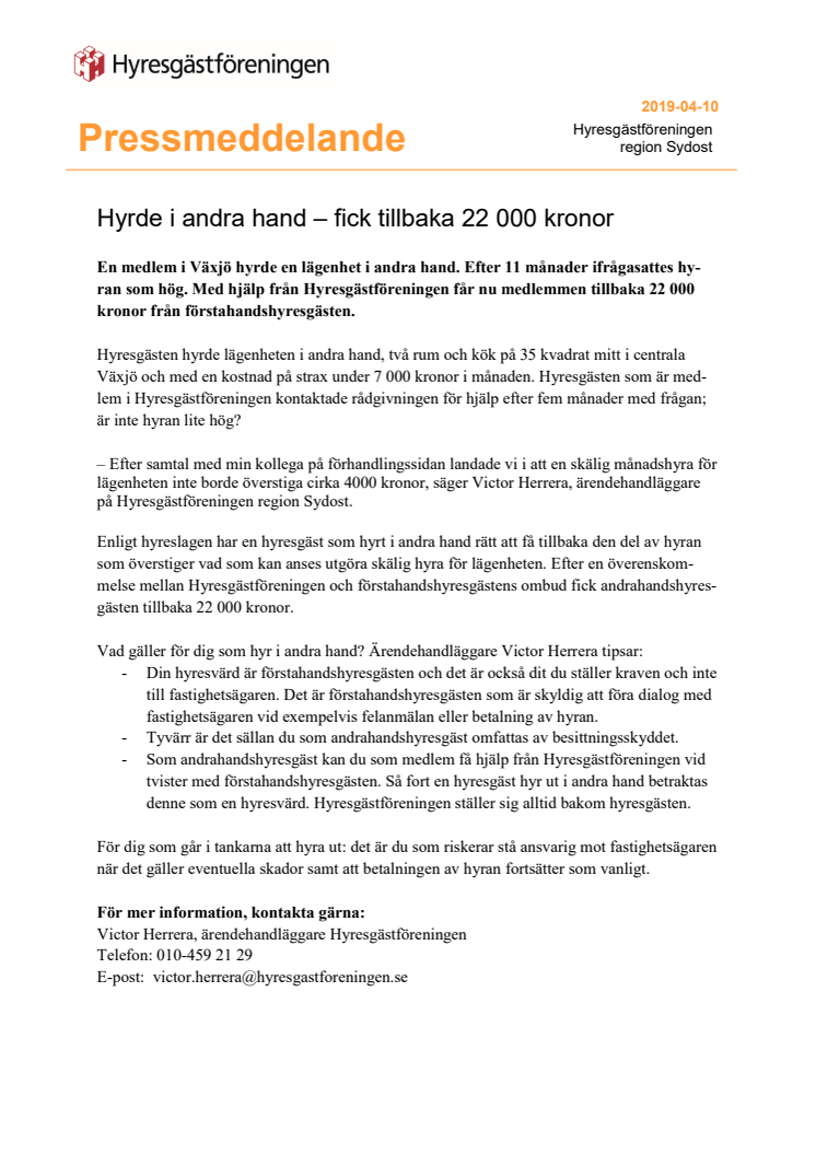 ​Hyrde i andra hand – fick tillbaka 22 000 kronor