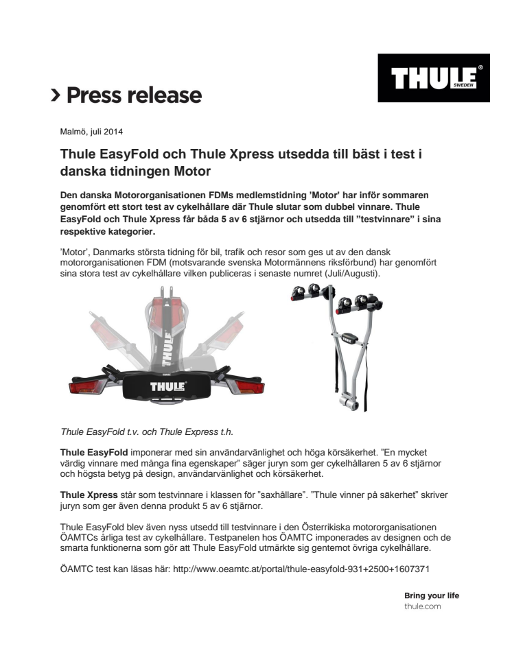 Thule EasyFold och Thule Xpress utsedda till bäst i test i danska tidningen Motor