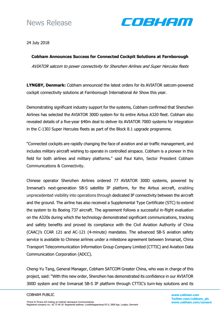 Cobham Announces Success for Connected Cockpit Solutions at Farnborough