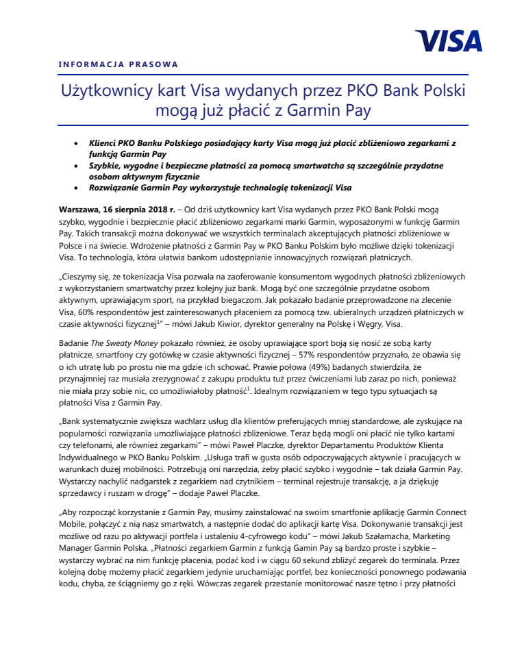 Użytkownicy kart Visa wydanych przez PKO Bank Polski mogą już płacić z Garmin Pay