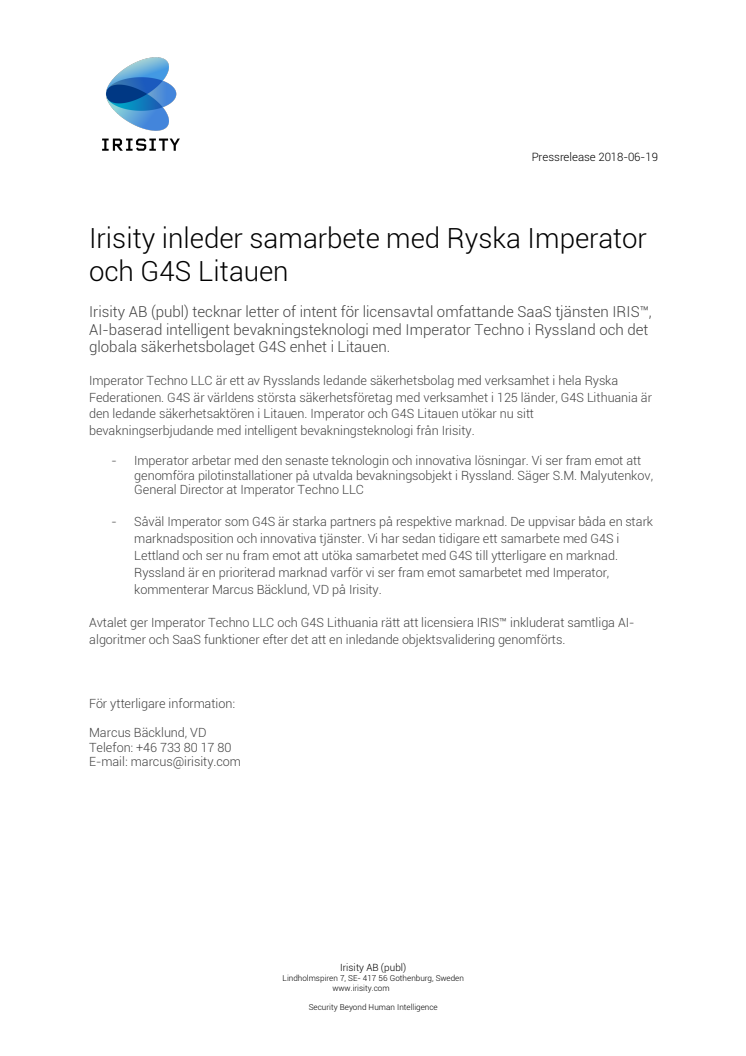 Irisity inleder samarbete med Ryska Imperator och G4S Litauen