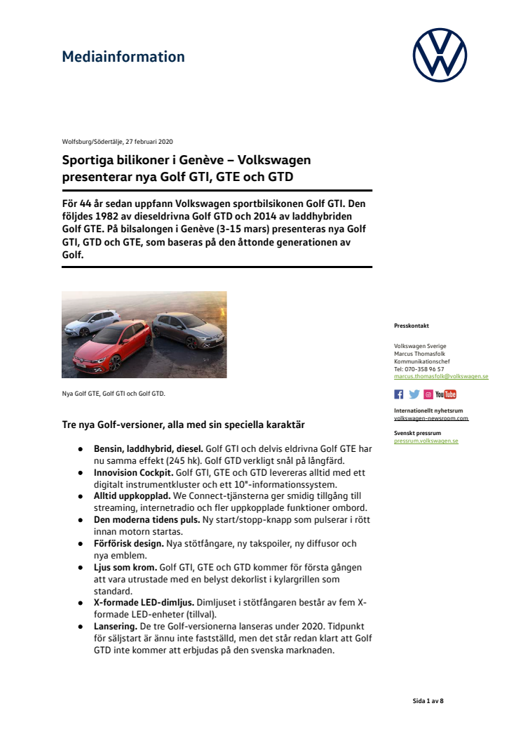 Sportiga bilikoner i Genève – Volkswagen presenterar nya Golf GTI, GTE och GTD