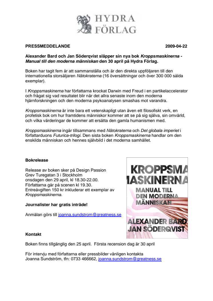 Alexander Bard och Jan Söderqvist släpper sin nya bok Kroppsmaskinerna