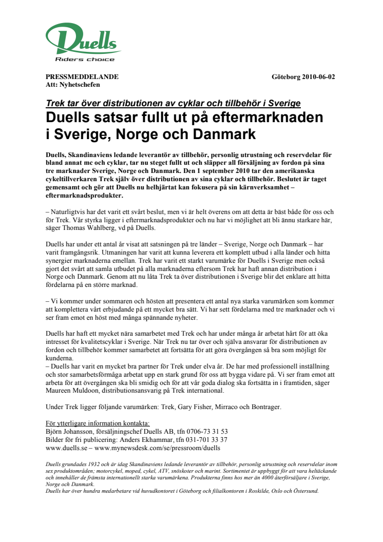 Trek tar över distributionen av cyklar och tillbehör i Sverige   – Duells satsar fullt ut på eftermarknaden i Sverige, Norge och Danmark 