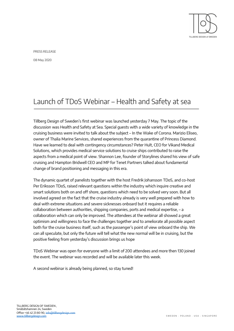 Launch of TDoS Webinar – Health and Safety at sea 