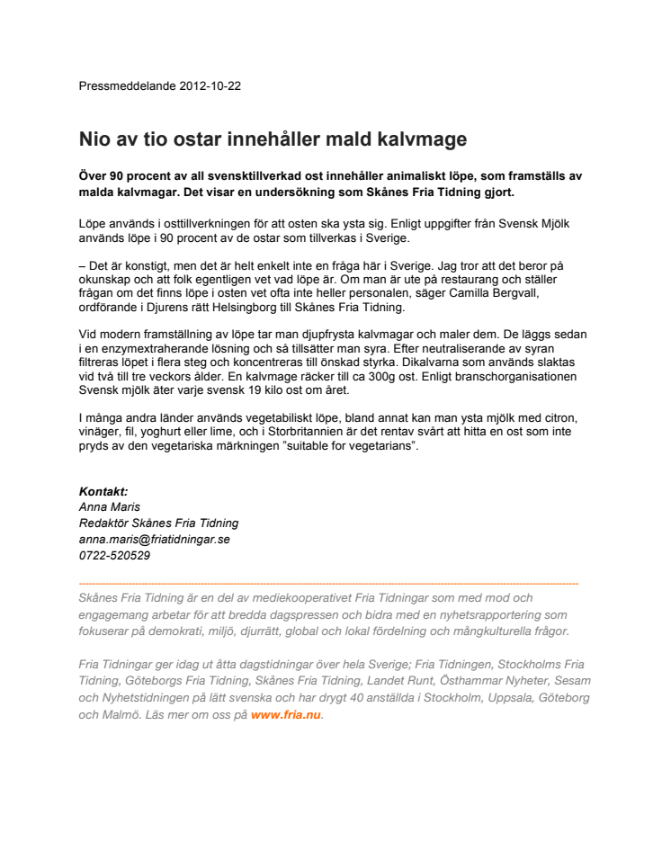 9 av 10 ostar innehåller mald kalvmage 