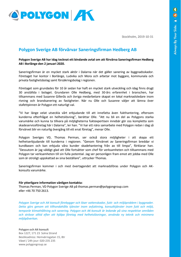 Polygon Sverige AB förvärvar Saneringsfirman Hedberg AB i Borlänge