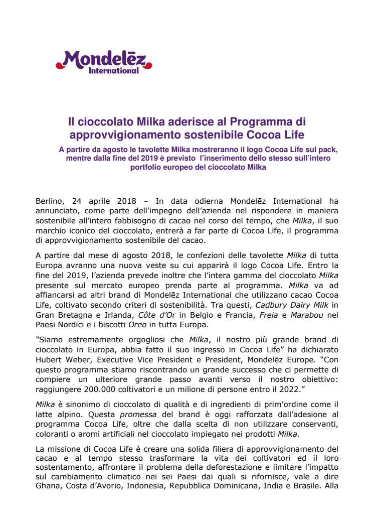 Il cioccolato Milka aderisce al Programma di approvvigionamento sostenibile Cocoa Life