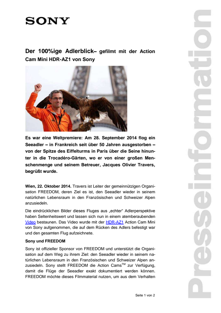 Pressemitteilung "Der 100%ige Adlerblick - gefilmt mit der Action Cam Mini HDR-AZ1 von Sony"