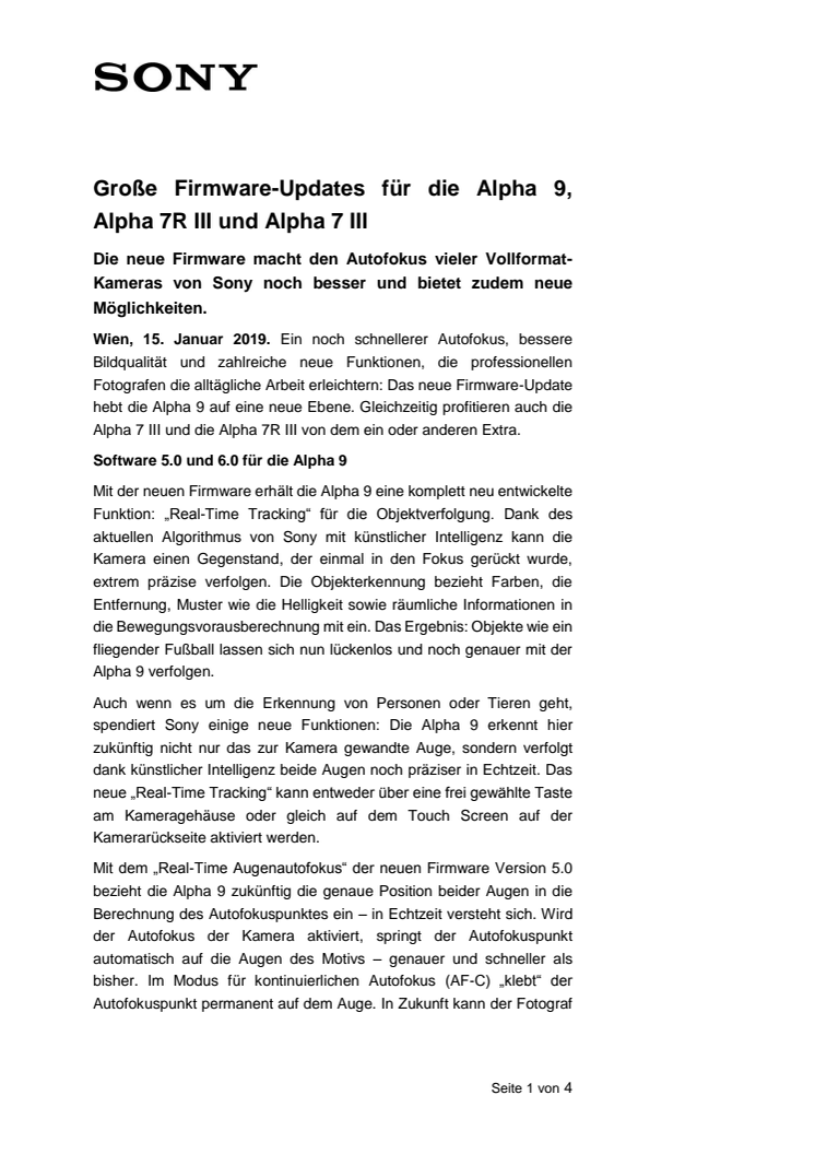 Große Firmware-Updates für die Alpha 9, Alpha 7R III und Alpha 7 III