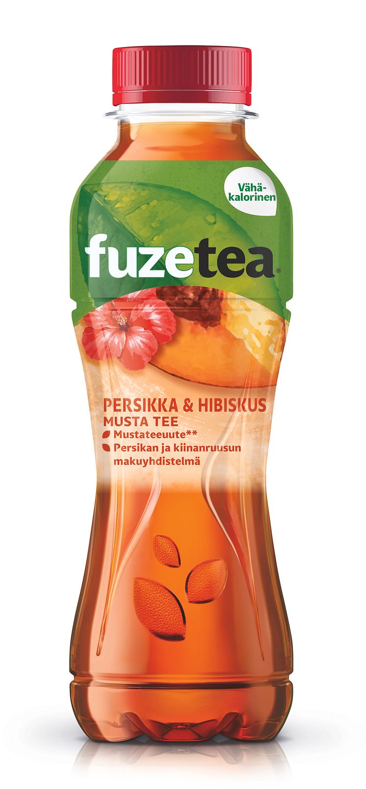 Yksi kolmesta Fuze Tea -uutuudesta: musta tee, persikka,  hibiscus eli kiinanruusu