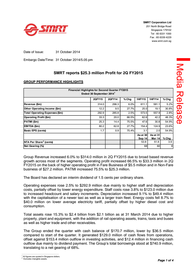 SMRT reports $25.3 million Profit for 2Q FY2015