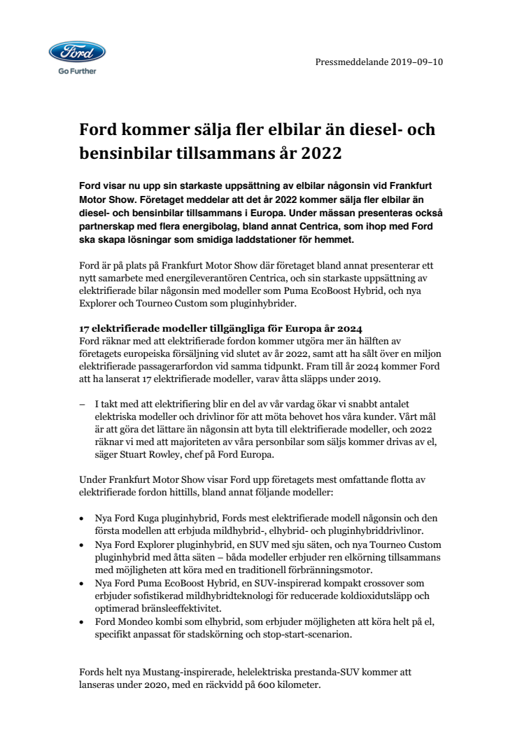 Ford kommer sälja fler elbilar än diesel- och bensinbilar tillsammans år 2022