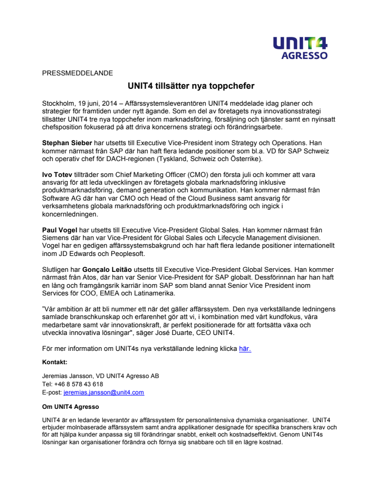 UNIT4 tillsätter nya toppchefer  