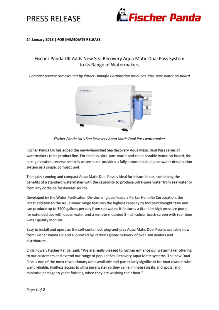 Fischer Panda UK Adds New Sea Recovery Aqua Matic Dual Pass System to its Range of Watermakers