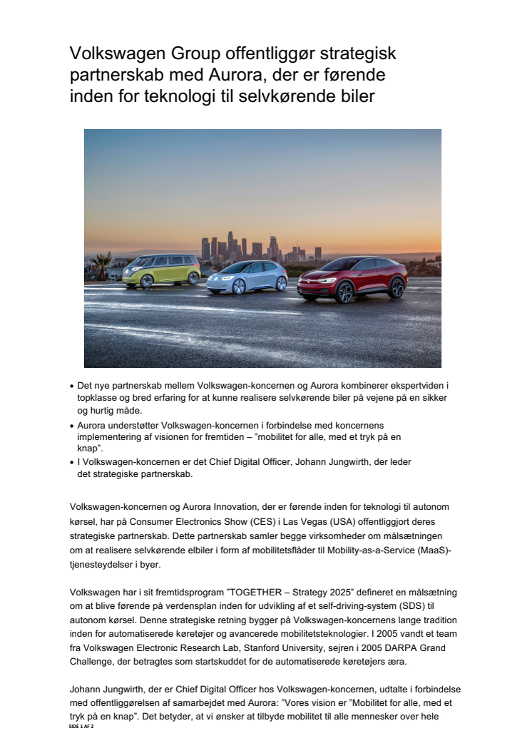 Volkswagen Group offentliggør strategisk partnerskab med Aurora, der er førende inden for teknologi til selvkørende biler