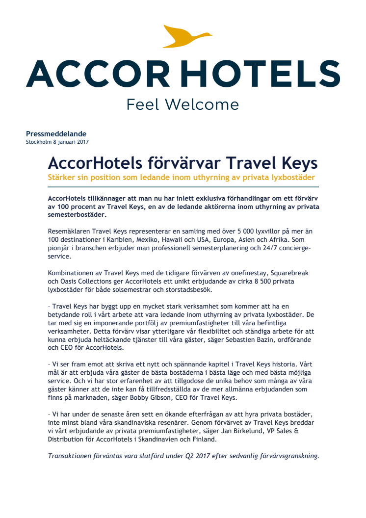 AccorHotels förvärvar Travel Keys - ​stärker sin position som ledande inom uthyrning av privata lyxbostäder