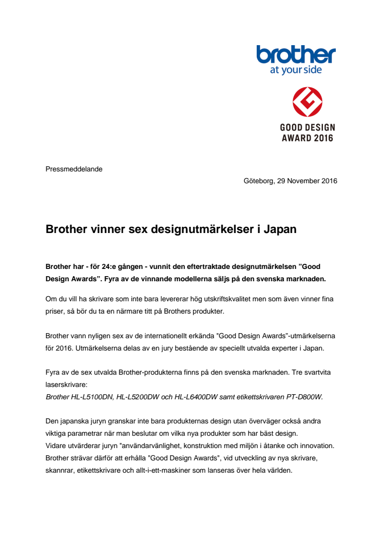 Brother vinner sex designutmärkelser i Japan