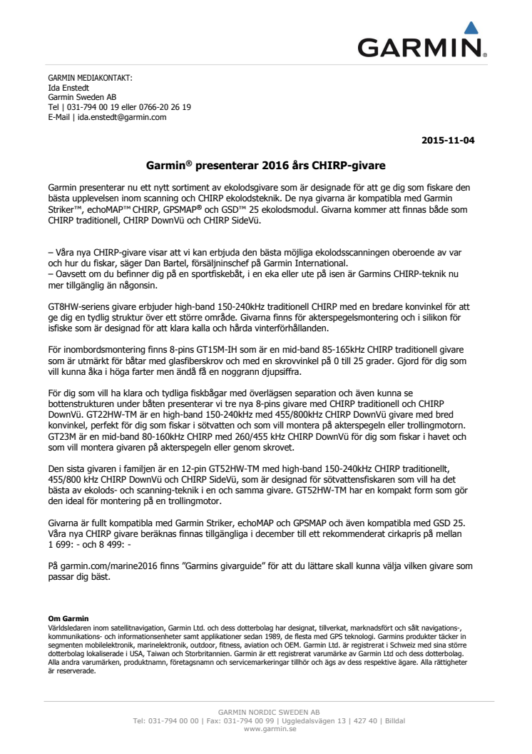 Garmin® presenterar 2016 års CHIRP-givare
