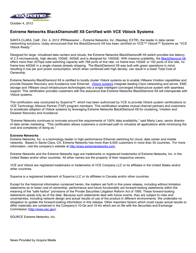 Extreme Networks BlackDiamond X8 Certified with VCE Vblock Systems