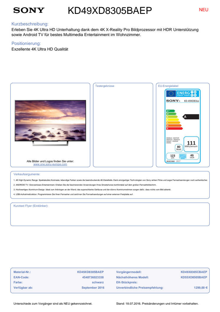 Datenblatt BRAVIA KD-49XD8305BAEP von Sony