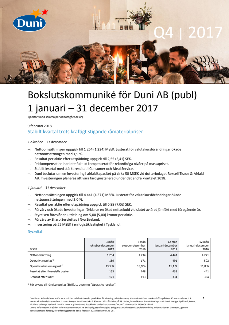 Bokslutskommuniké för Duni AB (publ) 1 januari – 31 december 2017
