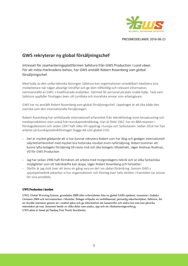 GWS rekryterar ny global försäljningschef