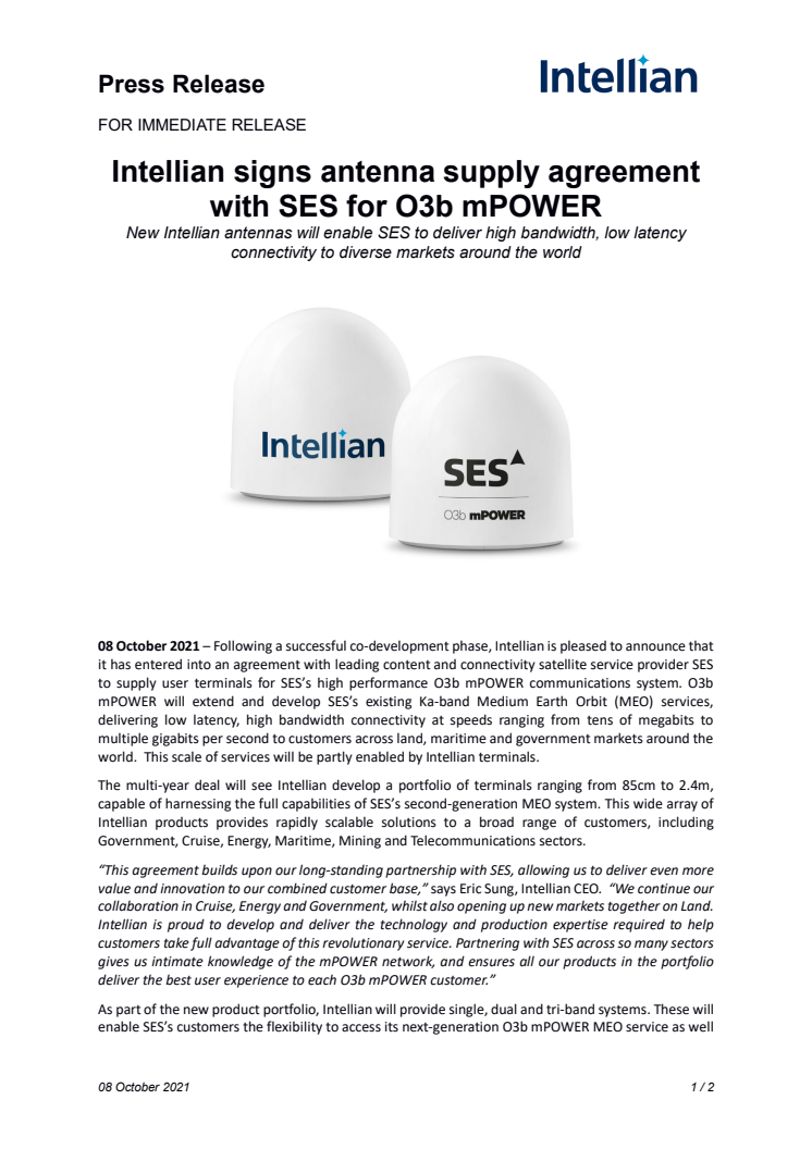 8th October 2021 - Intellian - SES partnership Press Release.pdf