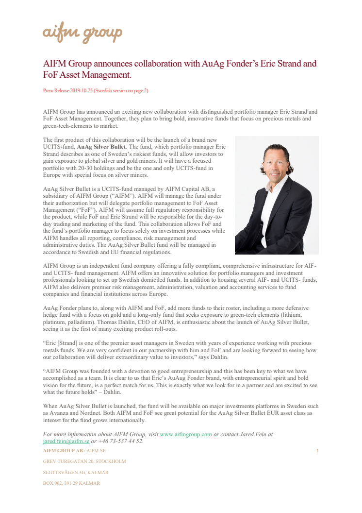 AIFM Group announces collaboration with AuAg Fonder’s Eric Strand and FoF Asset Management.