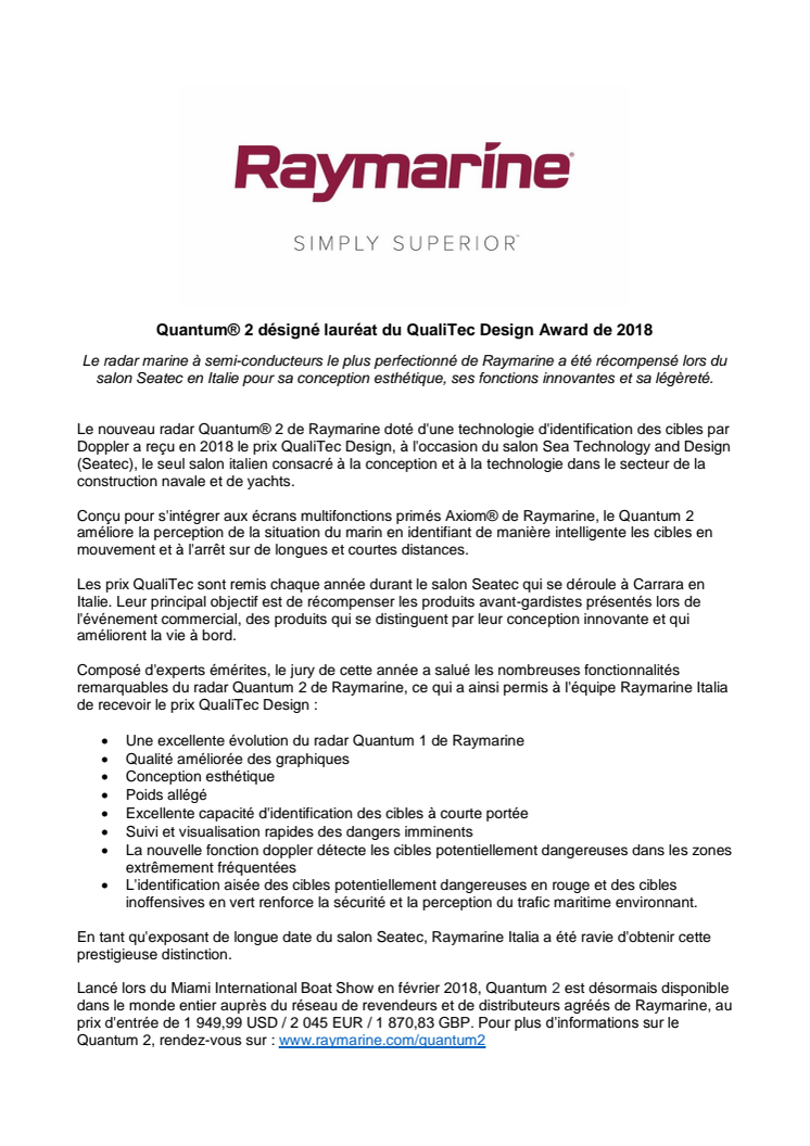 Raymarine: Quantum® 2 désigné lauréat du QualiTec Design Award de 2018 