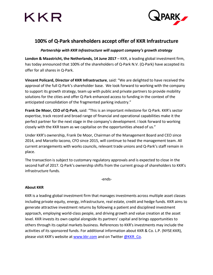 100% of Q-Park shareholders accept offer of KKR Infrastructure