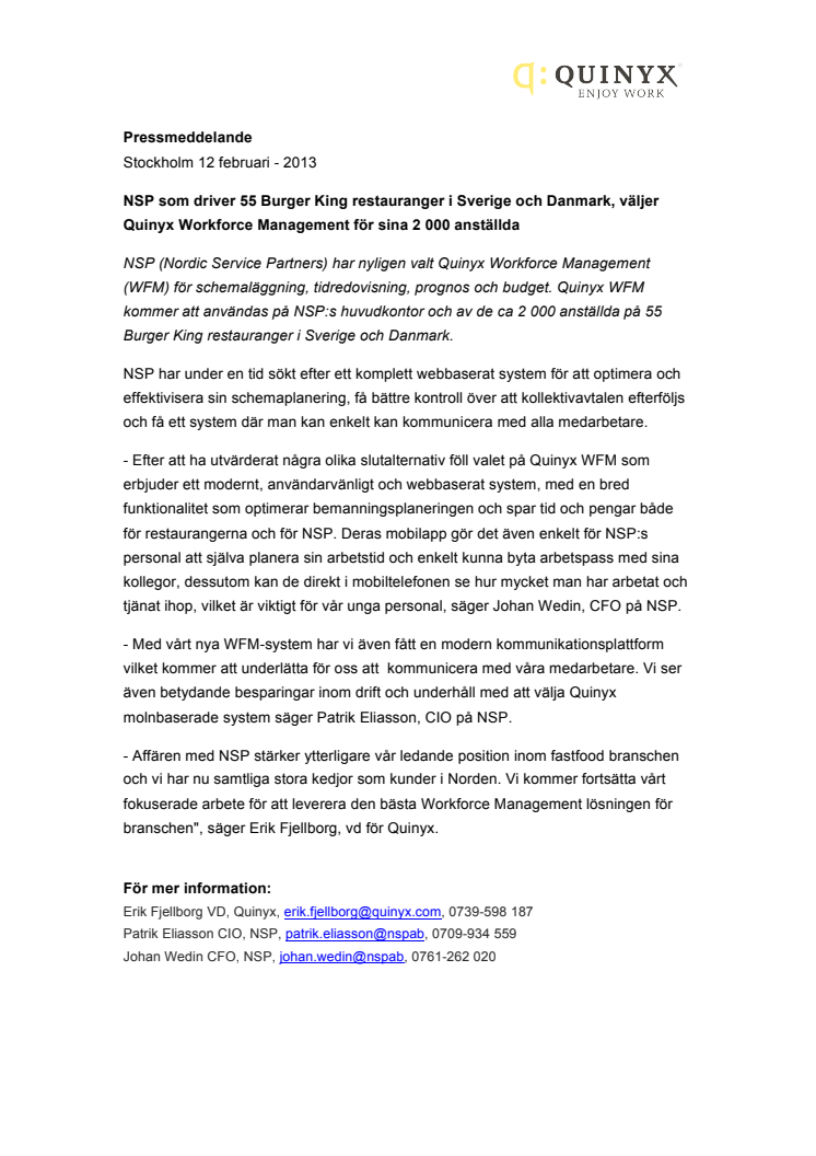 NSP som driver 55 Burger King restauranger i Sverige och Danmark, väljer Quinyx Workforce Management för sina 2 000 anställda