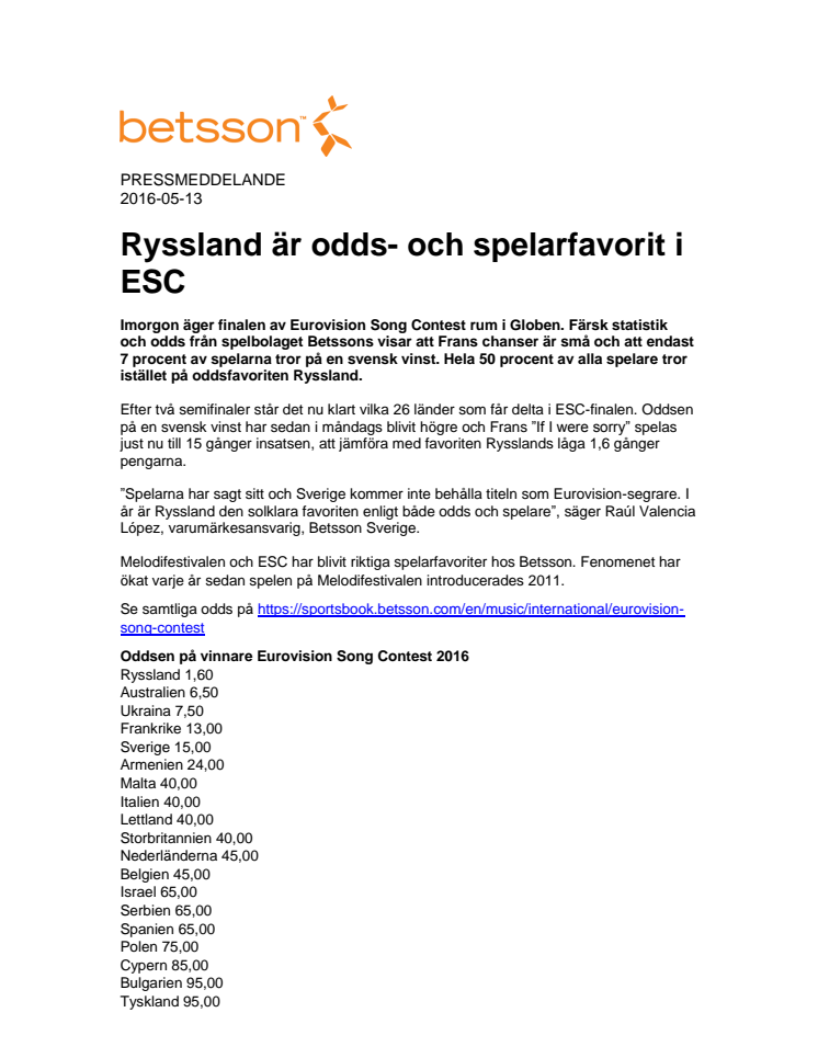 Ryssland är odds- och spelarfavorit i ESC