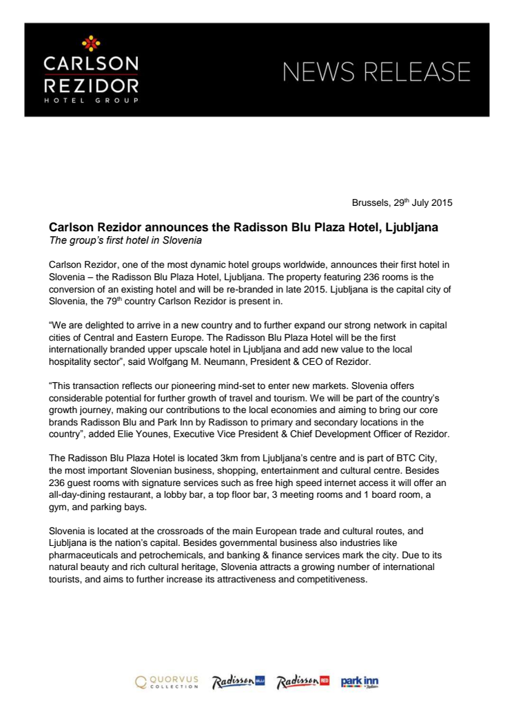 Carlson Rezidor announces the Radisson Blu Plaza Hotel, Ljubljana 