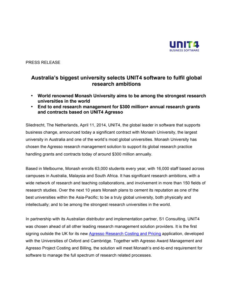UNIT4 Press release Monash Uni